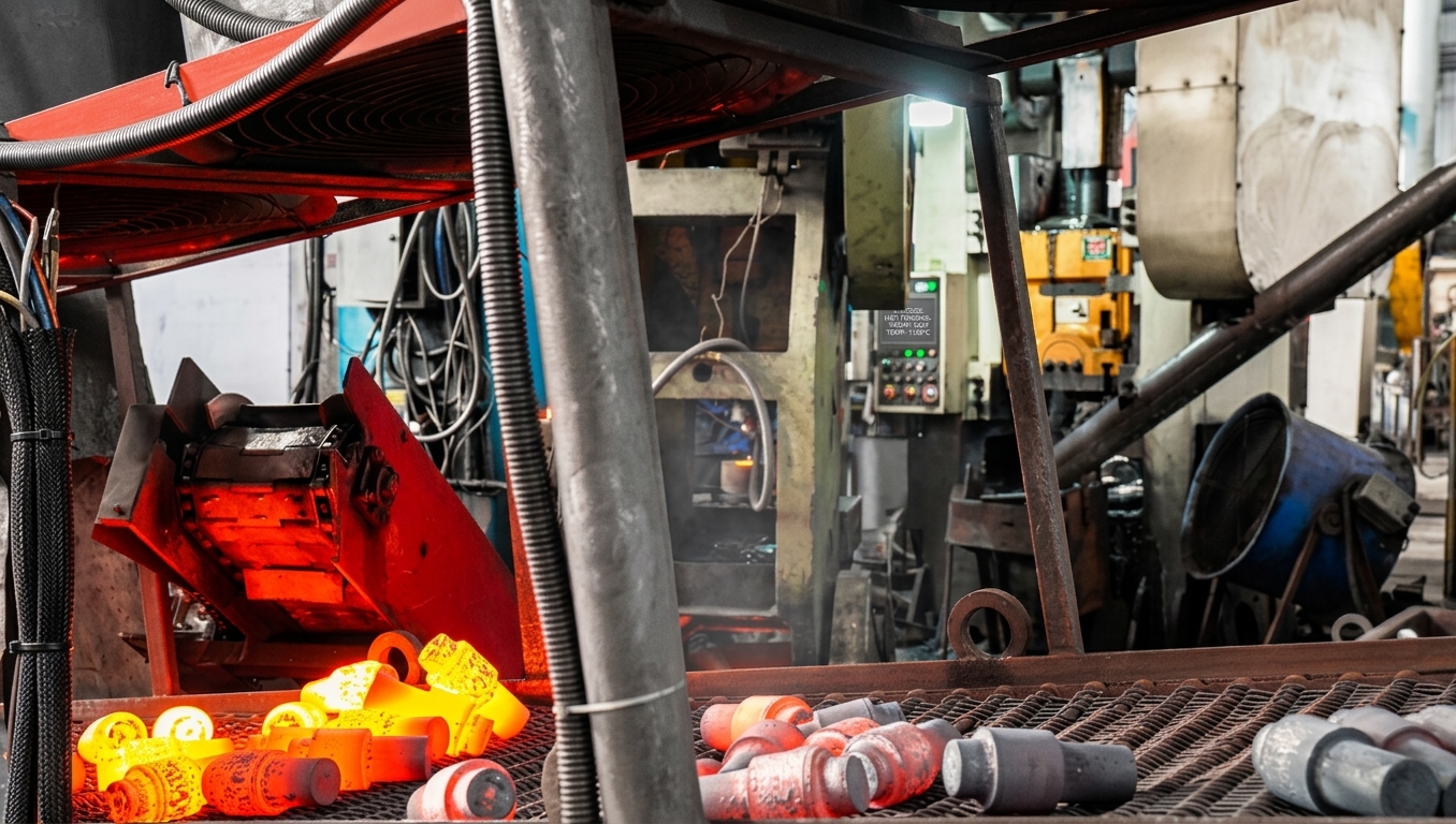 Closed-die forging line — hot blanks above 1000 °C — Luchi Gears factory