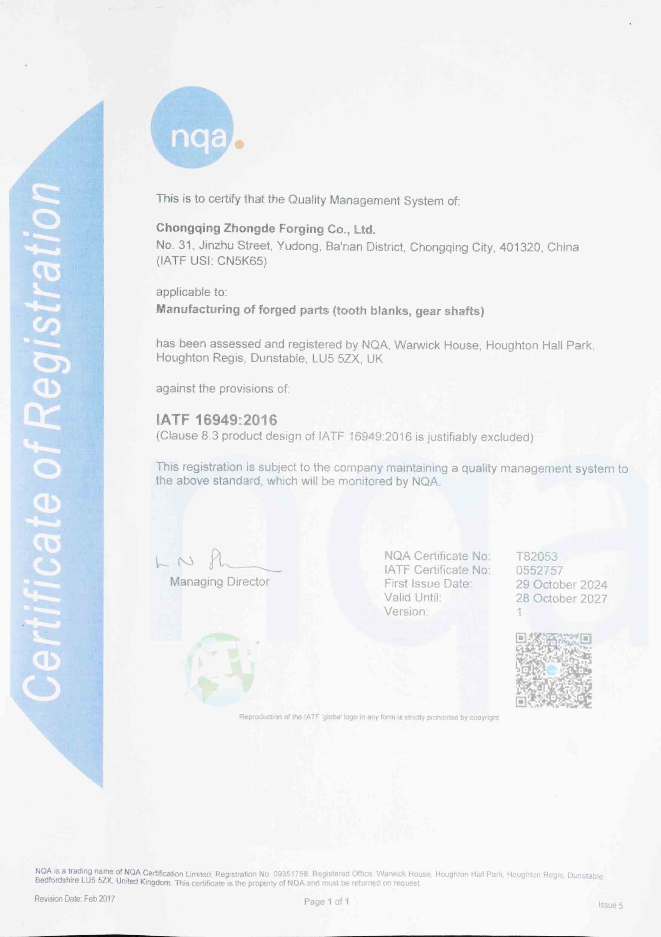 IATF 16949:2016 — NQA cert T82053, valid to 28 Oct 2027